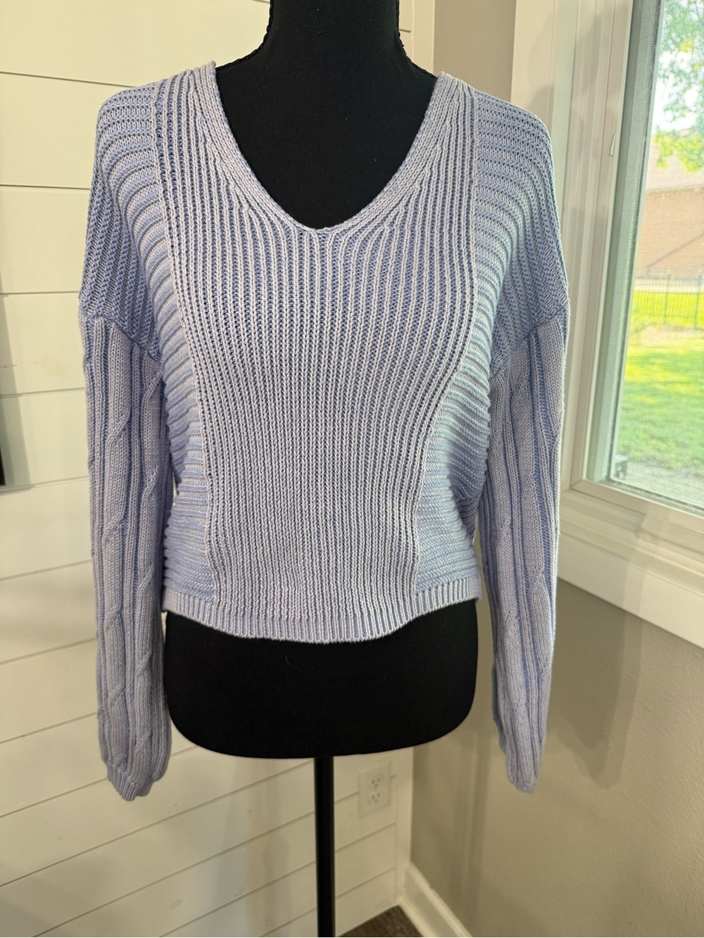 Free People Rib-Knit Pullover Sweater, Blue V-Neck Women’s S